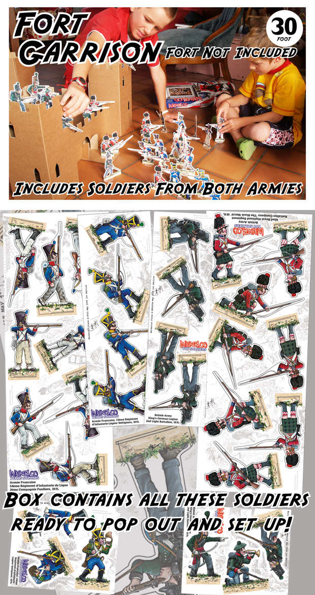 The most compact toy soldier selection contains both a small French and small British infantry force. Each 15 man squad is lead by an officer and his bugler and prepared to defend a fort or skirmish out in the open. 