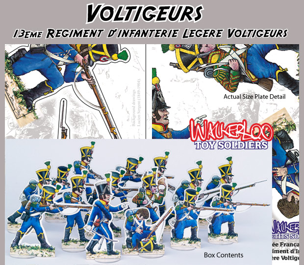 The 13th Légère had a fearsome reputation having fought in many of Napoleon's victories. At about 6pm on the battlefield of Waterloo Marshal Ney took command of the 13th's three strong battalions, more than 1800 men, and lead a final attack on the farm at the centre of the battlefield 'La Haie Sainte'. They managed to smash open the barricades and break open holes in the cannon battered walls. Climbing onto the roof of the barn they poured a terrible rain of musket balls into the defenders who had been surrounded all afternoon and had finally run out of ammunition. After a last terrible fight with swords and bayonets, the 13th occupied the farm. Napoleon could finally bring his cannon forward to the very centre of the battlefield.