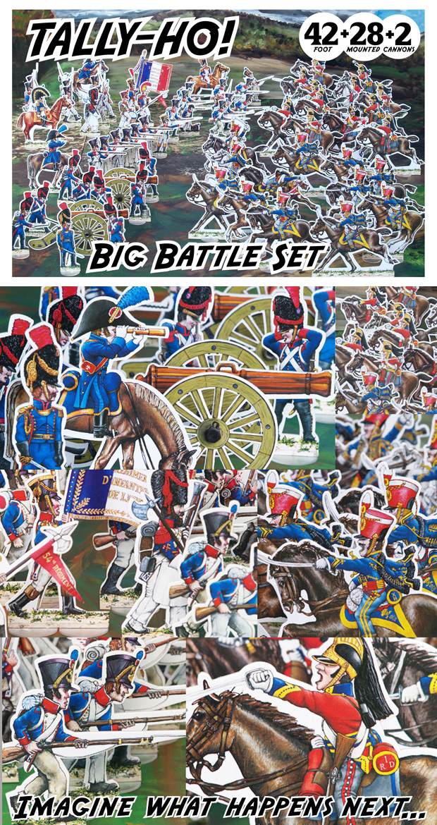 In the early afternoon, 18th June 1815, on the battlefield of Waterloo 17,000 French infantry advanced in column toward the centre of Wellington's line... Napoleon's 'Grand Batterie' of more than 80 cannons with expert artillery men fired over their heads smashing the Allies with their cannon balls. The attack seemed unstoppable. But behind the thin red Infantry line were a mass of the finest mounted cavalry in Europe. Several thousand British heavy dragoons began to advance... they passed through their infantry comrades and stomped down the slope towards the advancing French columns... what happens next is up to you with Walkerloo Tally-Ho!